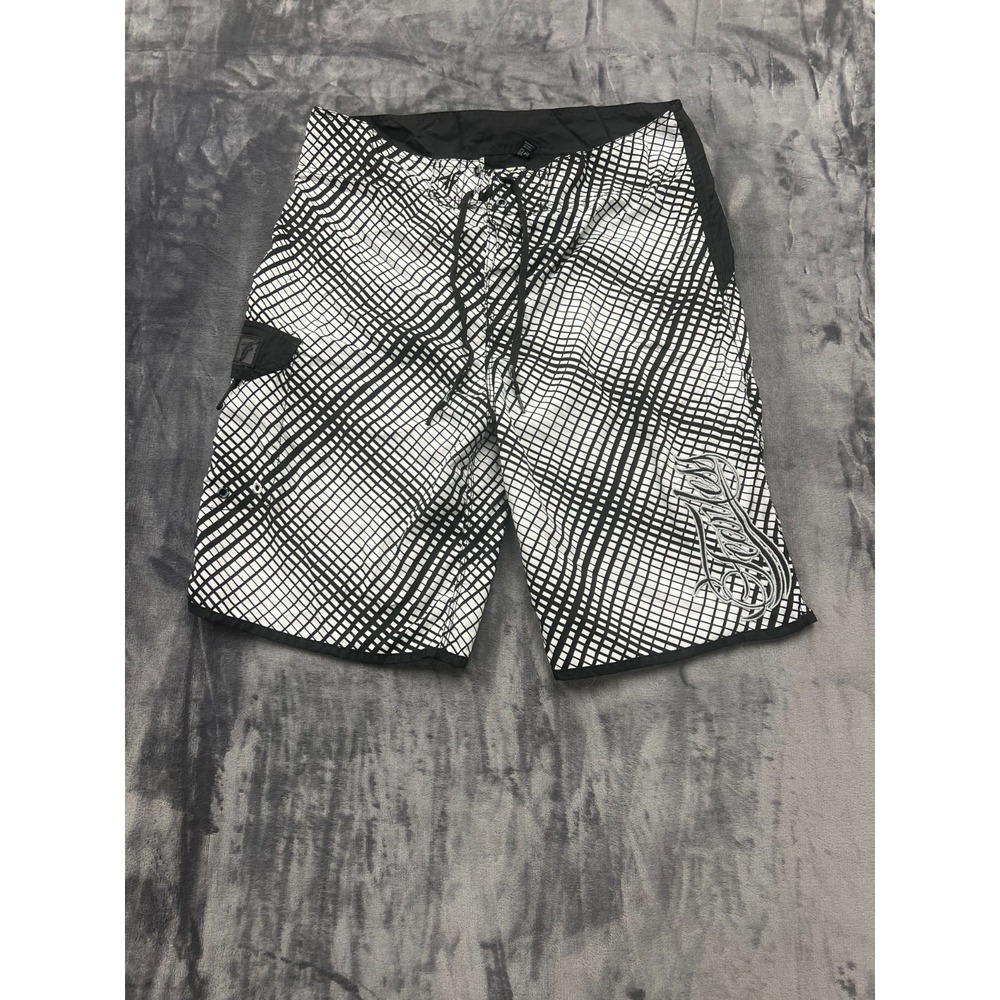 Fearless Board Shorts Men 34 White Black Geometric Drawstring Waist Summer Beach
